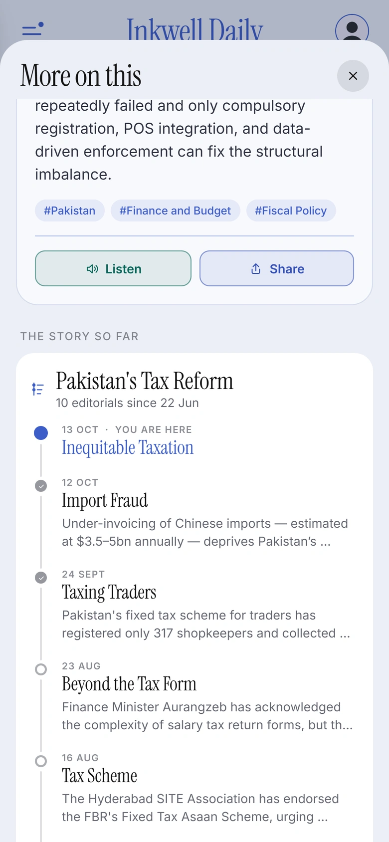 A story timeline listing related editorials
